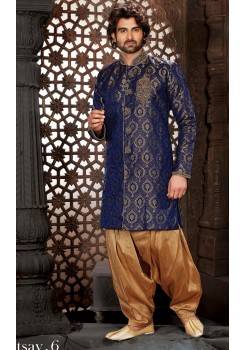 Designer Brocade Blue Indo Western Sherwani